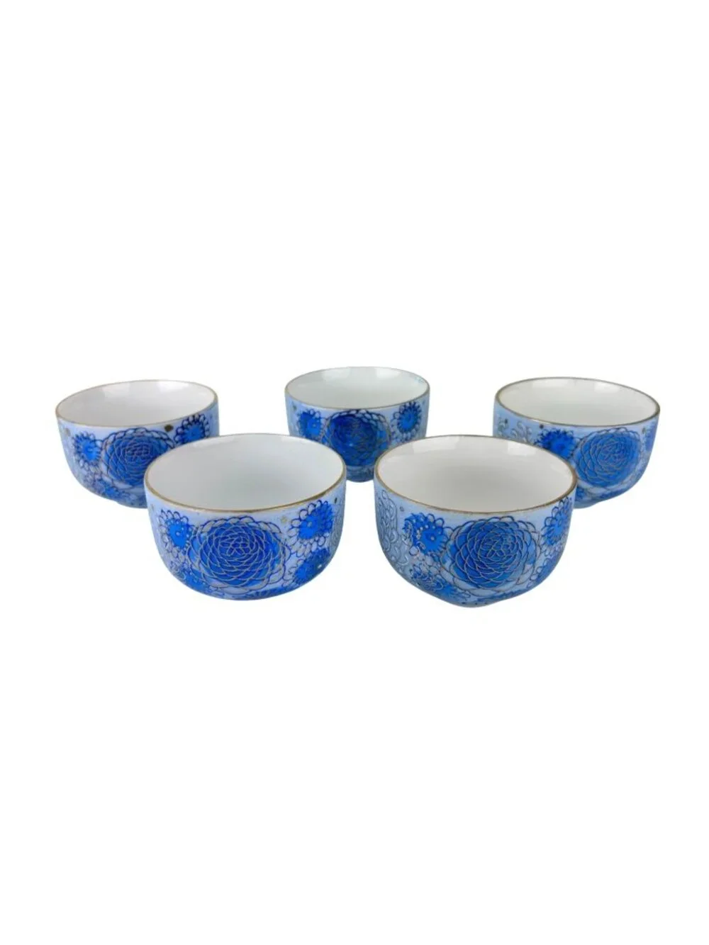 Vintage Japan Hand Painted MCM Blue Gold Chrysanthemum Tea Sake Cup Set (5)